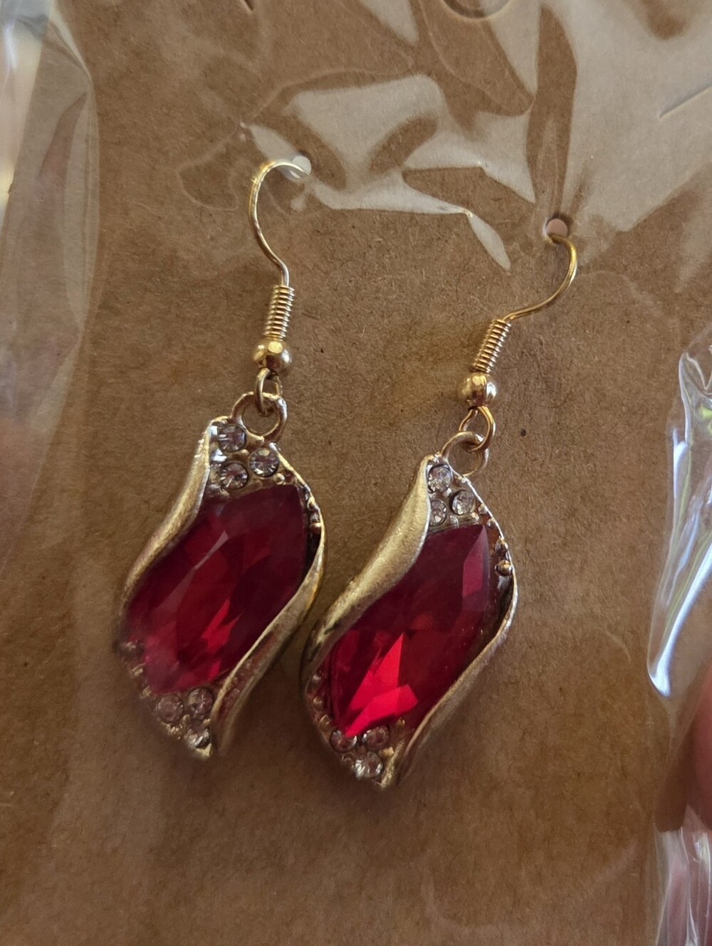 Gold-Tone Red Crystal Drop Earrings - Unbranded